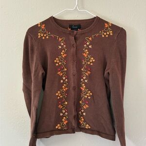 Brown Embroidered Floral Cardigan Sweater